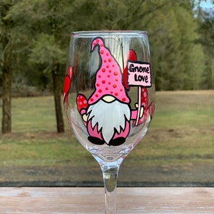 Gnome Valentines Day handpainted wine glass, Gnome wine glasses, gnome wine glass, heart wine glass, Valentine wine glass, heart glasses