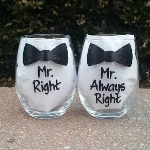 Mr. Right Mr. Always Right  handpainted wine glass set /gay wedding wine glasses /gay couple wedding gift/gay engagement glasses