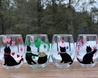 Black Cat wine glass Set of 6 handpainted cat wine glasses, cat lover wine glass, black cat lover gifts, cat wine tumblers,Holiday cats