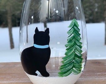 Black Cat Four Seasons Winter handpainted stemless wine glasses/cat lover wine glass/black cat lover gifts/cat wine tumblers/snow wine glass