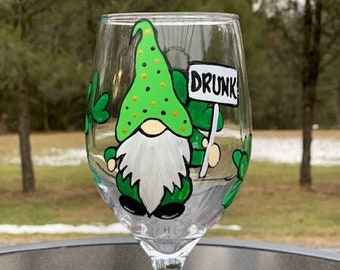 St. Patrick's Day Drunk Gnome handpainted wine glass, Funny Gnome painted wine glass, Irish hand painted wine glass, shamrock wine glass