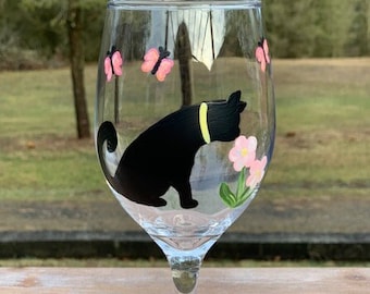 Black Cat Four Seasons Spring handpainted wine glasses, cat lover wine glass, black cat lover gifts, cat wine glasses, black cat wine glass