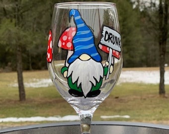 Gnome wine glass, Funny Gnome hand painted wine glass, Gnome wine glasses, funny gnome hand painted wine glasses, drunk gnome wine glass