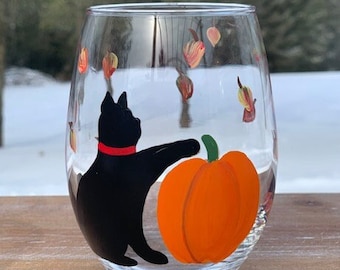 Black Cat Four Seasons Autumn Fall handpainted stemless wine glasses/cat lover wine glass/black cat lover gifts/cat wine tumblers/Fall wine