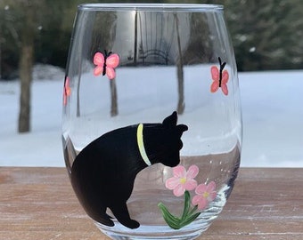 Black Cat Four Seasons Spring handpainted stemless wine glasses,cat lover wine glass,black cat lover gifts,cat wine tumblers,cat wine glass