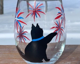 Black Cat 4th of July wine glass/hand painted cat wine glasses/cat lover wine glass/black cat lover gifts/cat wine tumbler/Patriotic glass