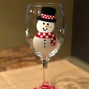 Snowman hand-painted wine glass/winter wine glass/Christmas wine glass/Snowman gifts/Snowman glasses/snowman glassware gift 14 oz Stemmed Glass