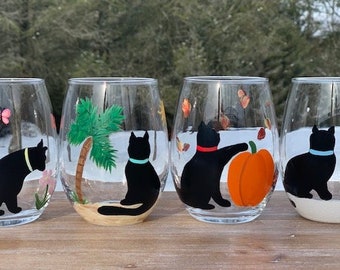 Black Cat wine glasses,Four Seasons handpainted wine glasses,cat lover wine glass,black cat lover gift,cat wine tumbler,black cat wine glass
