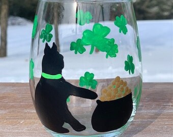 Black Cat St. Patricks Day hand painted wine glass, cat lover wine glass, black cat lover gifts, cat wine glasses, shamrock wine glass