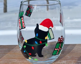 Black Cat Christmas wine glass/handpainted cat wine glasses/cat lover wine glass/black cat lover gift/cat wine tumbler/handpainted cat glass