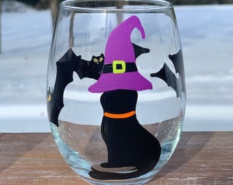 Black Cat Halloween Holiday handpainted stemless wine glasses/cat lover wine glass/black cat lover gifts/cat wine tumbler/witch wine glass