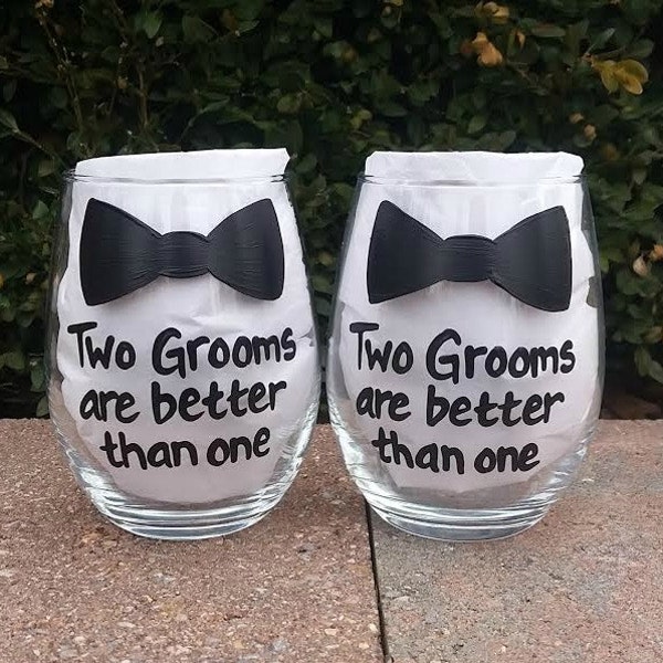 Gay Wedding Two Grooms are Better Than One  handpainted wine glass set/gay engagement glasses/gay couple glasses/gay couple gift/Mr Right/