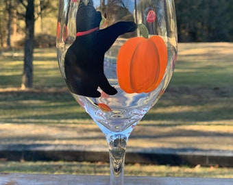 Black Cat Four Seasons Autumn Fall handpainted wine glasses/black cat wine glass/cat lover wine glass/black cat lover gift/Fall wine glasses