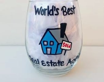 Real Estate Agent handpainted stemless wine glass/Real Estate Agent gift/Real Estate Agent gifts/Real Estate Agent closing gift