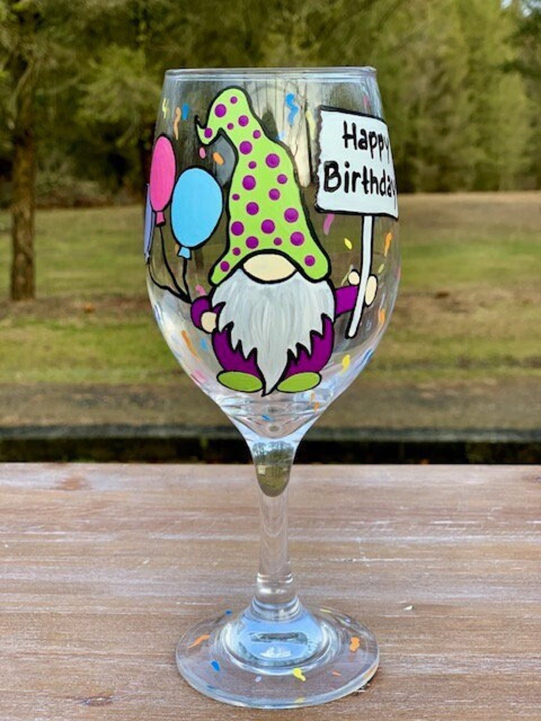Happy Birthday Day Gnome Hand Painted Wine Glass, Gnome Wine Glasses