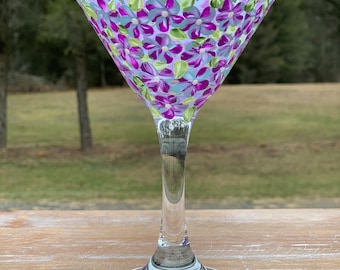 Hydrangea Martini Glass, Flower Martini Glass, Floral Martini Cocktail Glass, Hand Painted Floral Martini Glass, Colorful Martini Glass