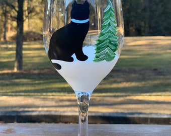 Black Cat Four Seasons Winter handpainted wine glasses/black cat wine glass/cat lover wine glass/black cat lover gifts//snow wine glass