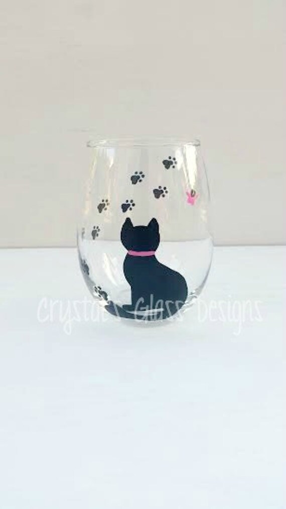 Black Cat Handpainted Stemless Wine Glass Cat Lover Wine Glass Cat