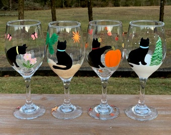 Black Cat wine glasses,Four Seasons handpainted wine glasses,cat lover wine glass,black cat lover gift,cat wine glasses,black cat wine glass