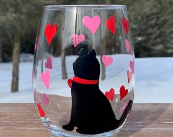 Black Cat Valentines Day handpainted wine glass cat wine glasses,cat lover wine glass,black cat lover gift,cat wine tumbler,heart wine glass