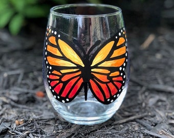 Monarch butterfly hand-painted stemless wine glass/monarch butterfly glasses/monarch butterfly cups/butterfly wine glasses