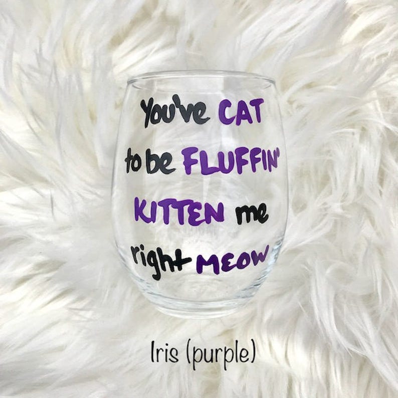 You've Cat To Be Fluffin Kitten Me Right Meow/ funny wine glasses/ cat lover gifts/ cat lover wine glass/crazy cat lady/cat wine glasses/ image 1