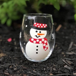 Snowman hand-painted wine glass/winter wine glass/Christmas wine glass/Snowman gifts/Snowman glasses/snowman glassware gift 15 oz Stemless Glass