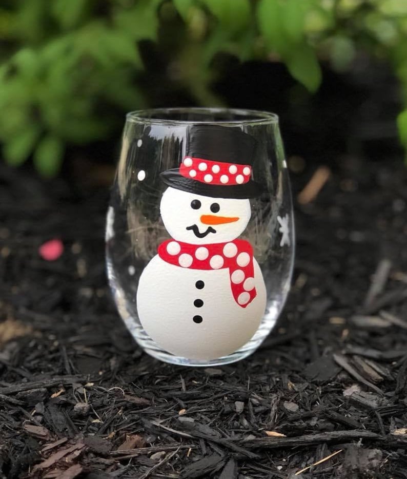 Snowman hand-painted wine glass/winter wine glass/Christmas wine glass/Snowman gifts/Snowman glasses/snowman glassware gift 15 oz Stemless Glass