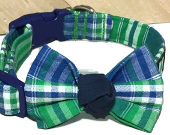 Blue Green White  Plaid Collar with Bow Tie for Male Cats or Dogs / Buckled or Martingale / Matching 5 Ft Leash Upgrade