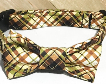 Brown & Green  Plaid Fall Collar with Bow tie for Male Cats or Dogs /Buckled or Martingale