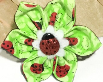 Green Flower With Red LadyBugs for Girl Dog or Cat Collar / XXS to XL Attachable Flower /Collar Accessory