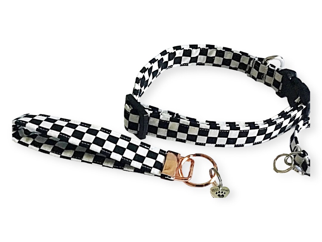 Black and White Checkered Dog or Cat Collar With Matching Key Fob and
