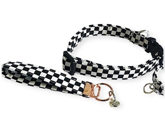 Black & White Checkered Dog or Cat Collar with Matching Key Fob and Charm- Buckled or Martingale Style