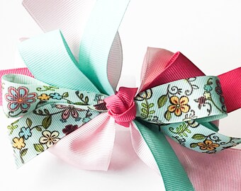 Fancy Pink and Aqua Collar Bow for Girl Dogs and Cats