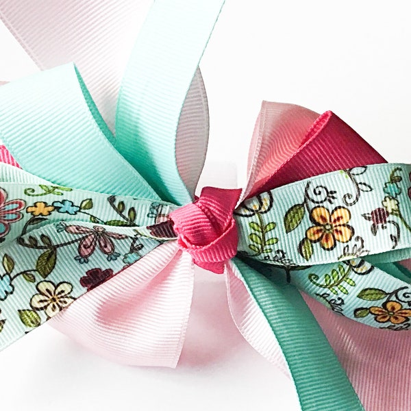 Fancy Pink and Aqua Collar Bow for Girl Dogs and Cats