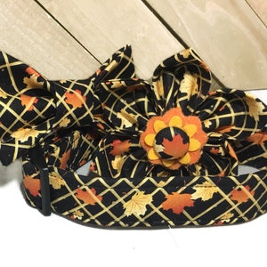 Autumn Leaves Dog or Cat Collar with Matching Flower or Bow Tie- Fall Collar Set-  Black Buckle or Martingale- Leash Upgrade - Custom Made