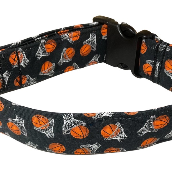 Basketball Dog & Cat Collar with Black Buckle or - Orange Basketballs and White Hoops on Black - Custom Made