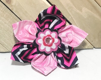Pink & Black Chevron Flower for Dog or Cat Collar, Attachable Accessory for Collar, Girl Dogs or Cat Zig Zag Bows