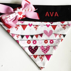 Valentines Day Hearts & Flowers Over the Collar Embroidered Bandana for Dogs and Cats with Ribbon Bow image 1