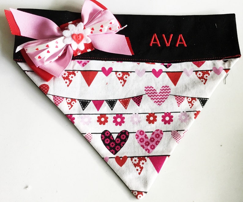 Valentines Day Hearts & Flowers Over the Collar Embroidered Bandana for Dogs and Cats with Ribbon Bow image 1