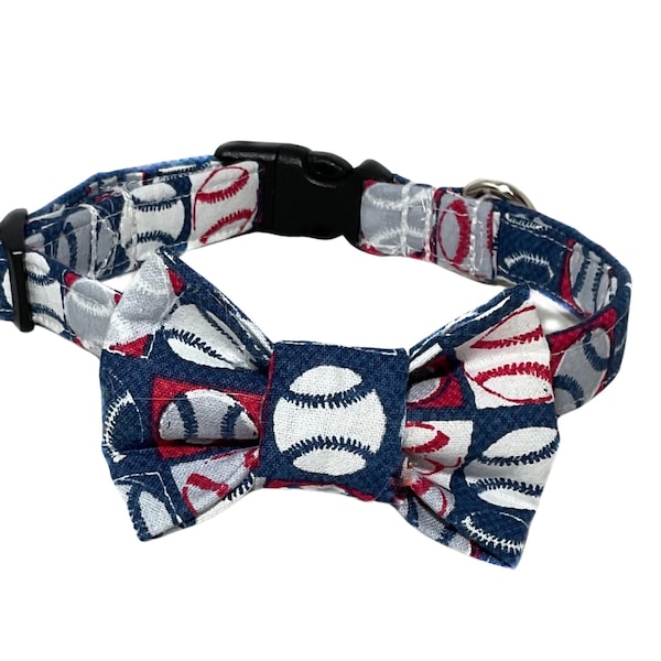 Baseball  Collar for Male Dogs or Cats with Bow Tie- Red, White, Blue & Gray -Buckled or Martingale Style