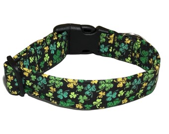 St. Patrick's Day Shamrock Dog or Cat Collar - Green & Gold Shamrocks on Black - Custom Made- Buckle, Breakaway, Martingale Available