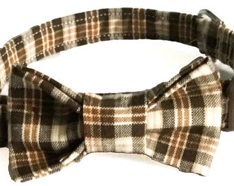 Brown and White Plaid Bow Tie Collar for Male Dogs or Cats in Buckled or Martingale Style/ Leash Upgrade/Metal Buckle Upgrade
