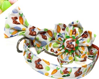 Easter Bunny & Carrots Collar with Bow for Dogs or Cats- Brown Bunnies, Orange Carrots on White - Buckled or Martingale