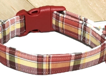 Red Maroon Gold Plaid Fall Collar for Dogs or Cats - Seasonal Autumn Buckled,Breakaway or Martingale Pet Accessory