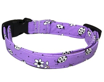 Lady Bug Collar for Dogs and Cats - Black Buckle or Martingale- Purple with White Ladybugs & Flowers- Name Personalization, Leash Upgrade