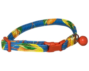 Blue Breakaway Mango Collar For Cats With Bell - Yellow & Orange Mangos on Blue - Name on Collar Upgrade