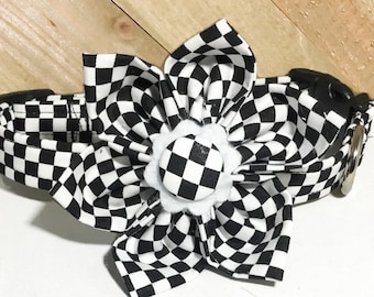 Black and White Checkered Dog & Cat Flower Collar / Buckled or Martingale / Metal Buckle Upgrade / Leash Upgrade / XXS-XXL