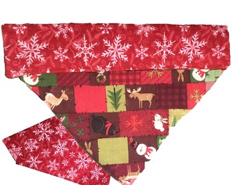 Reversible Christmas Dog or Cat Bandana - Over the Collar Patchwork & Snowflakes Scarf- Custom Made