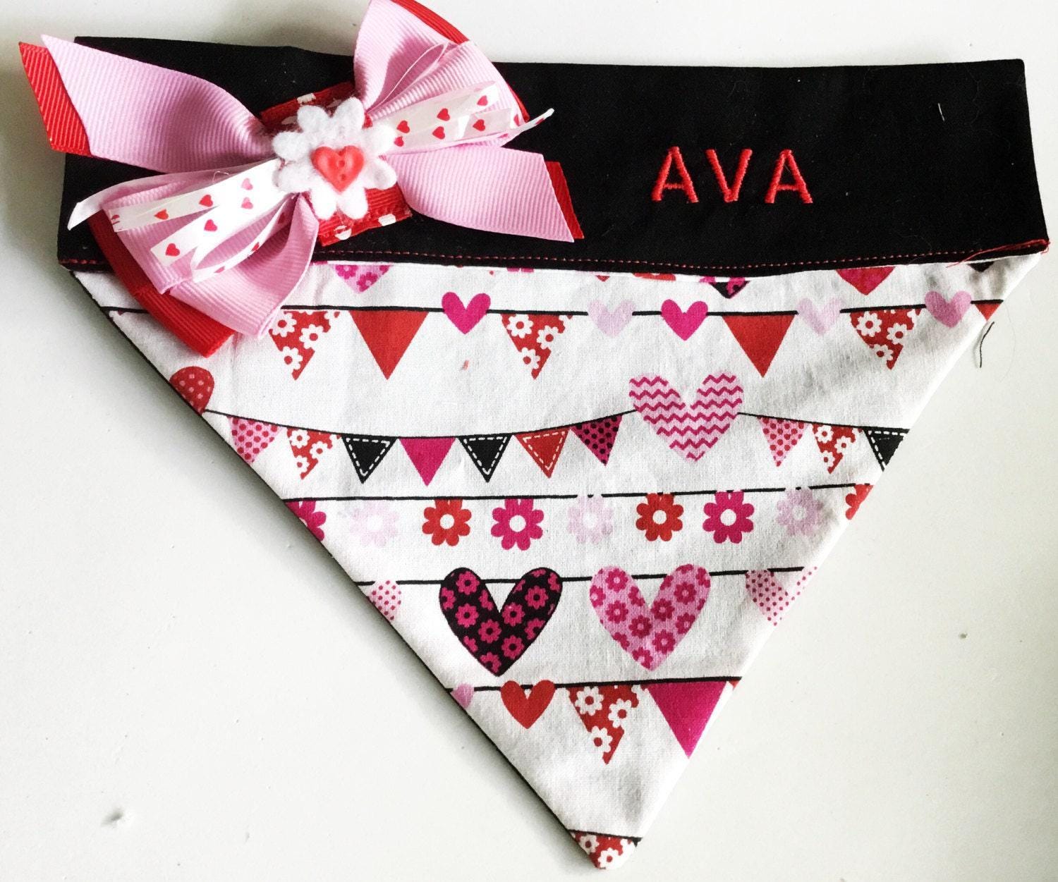 Valentines Day Hearts & Flowers Over The Collar Embroidered Bandana For Dogs & Cats With Ribbon Bow